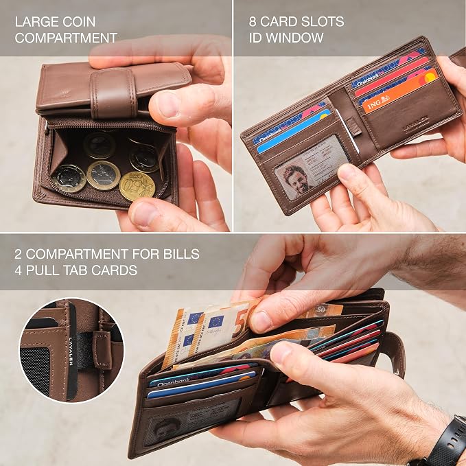 Soft Leather Wallet for Men, Genuine Bifold with Zipper Coin Pocket | Holds Bills, Credit Cards, Coins – RFID Blocking – Stylish, Durable & Practical Leather Wallet for Men