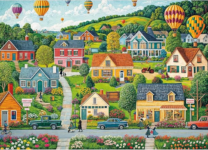 Puzzles for Adults 1000 Pieces, Happy Town Jigsaw Puzzle with 1:1 HD Poster, Perfect Interlocking No Dust, Stress Relief Ideal Gift for Family Games