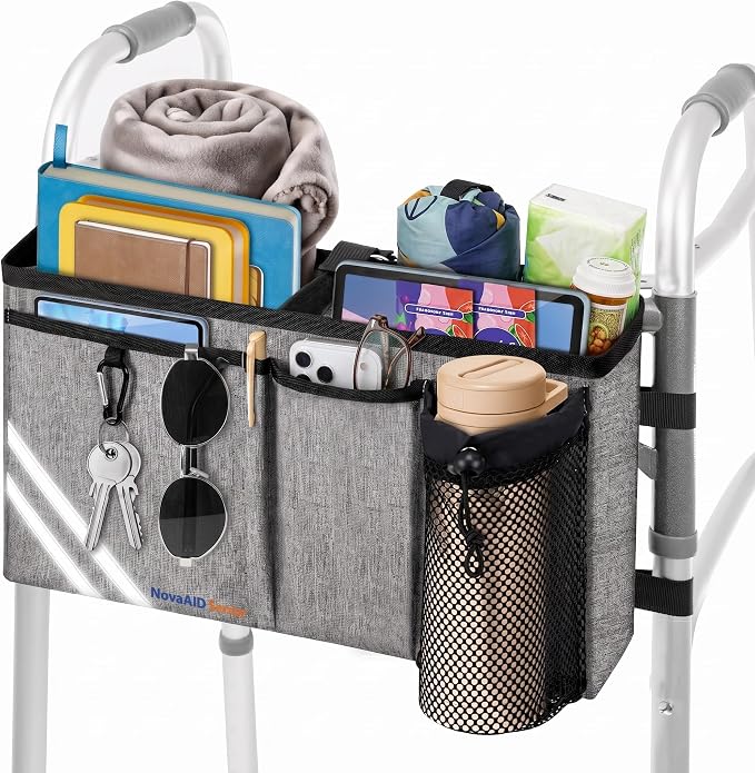 Walker Bag with Cup Holder, Foldable Walker Organizer, Large Capacity Storage with Reflective Strips, Water-Resistant Walker Pouch (Grey)