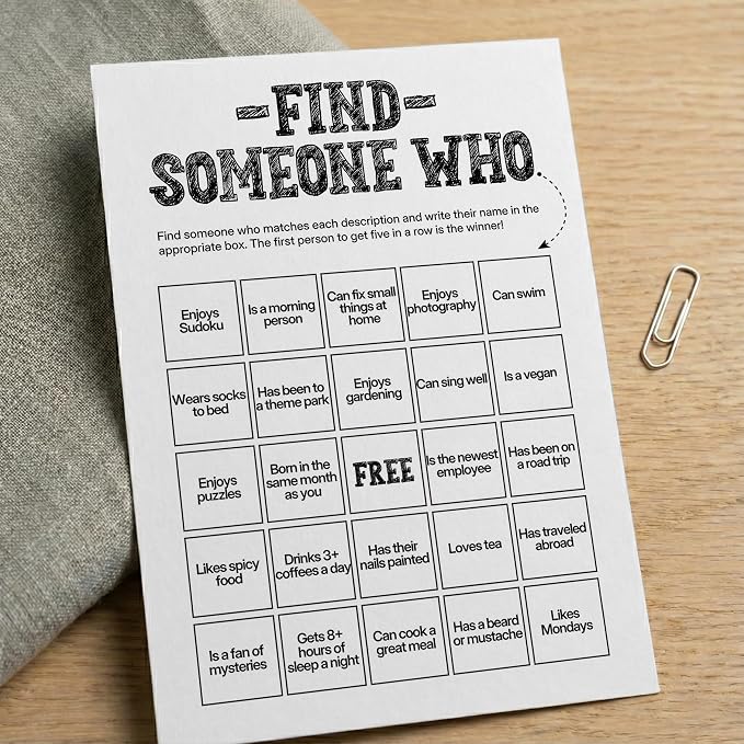 Find Someone Who Bingo Cards, 25 Unique Randomized 5x7 Sheets, Get to Know You Bingo Game for Adults, Ice Breaker Office Party Games, Team Building Games for Work, High Replay Value - B005