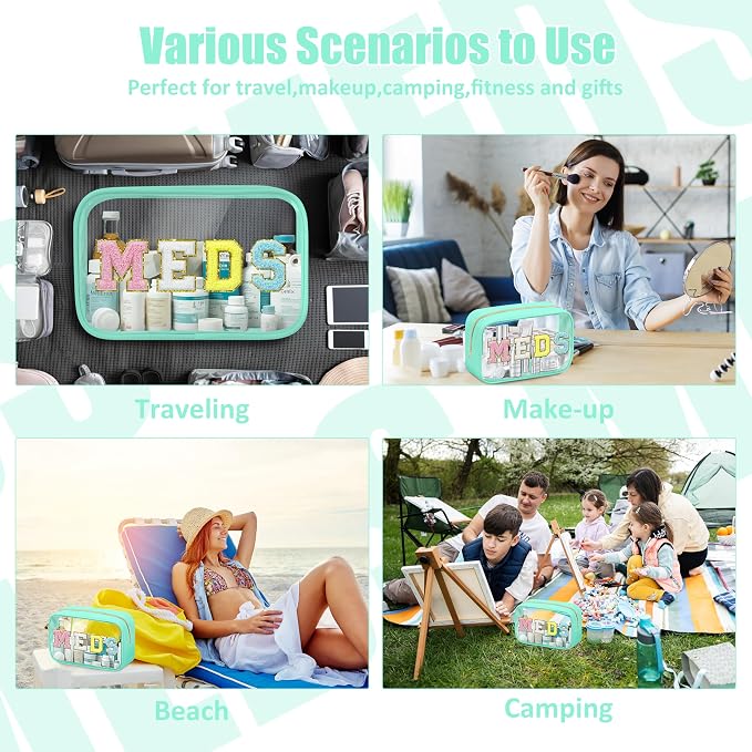 BuyCard Clear Meds Chenille Letter Bag, PVC Makeup Bag, Portable Preppy Patch Makeup Bag with Zipper, Cosmetic Toiletry Travel Storage Medicine Bag for Women Girls, Green