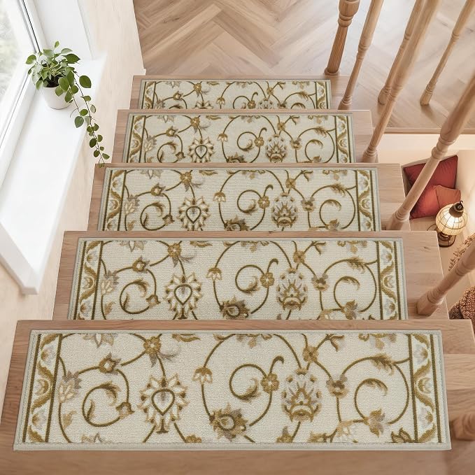 COSY HOMEER Stair Treads for Wooden Steps Non Slip Washable 8" X 30" 4pcs | Self Adhesive,Peel and Stick,Soft Carpet Stair Treads for Kids,Elder,Pet,Residue Free,Reusable Stair Runner,Multi-Surface Use