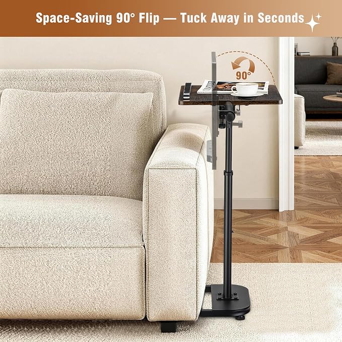facka Adjustable Height TV Tray Table for Couch Eating, Laptop Small Spaces | C Shaped Flip-Top Couch Table, 9-Level 20-31 in Height Range, Rounded Corners, Sofa Side Table Brown