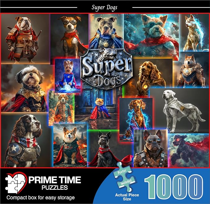 Adult Jigsaw Puzzle Superhero Dogs 1000 Piece | Colorful collage featuring French Bulldogs, Spaniels, and Corgis in superhero costumes — fun for kids and families too.