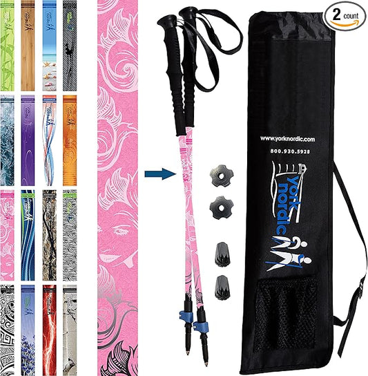 York Nordic Hiking & Walking Poles - Cushion Foam Grips w/Nordic Strap - Lightweight, Adjustable, and Great for Balance -2 Pieces w/Flip Locks, and Travel Bag - Heights 5'4"-6'2"