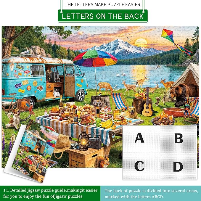 1000 Piece Puzzles for Adults,Outdoor Camping Jigsaw Puzzle 1000 Pieces for Adults Seniors,Challenging Family Games Holiday Party Gifts -1:1 Poster Interlock Perfectly Letter on Back