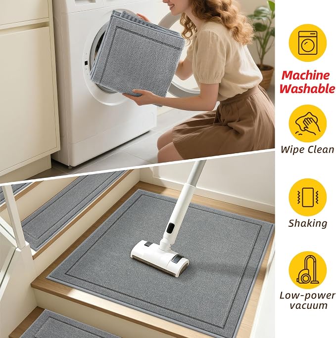JSEI Non-Slip Stair Landing Rug Mat, 1-Pack 30" X 30", Light Grey | Edging Stair Treads Corner Indoor Stair Runners for Wooden Steps for Kids and Dogs, 100% Polyester, TPE Backing