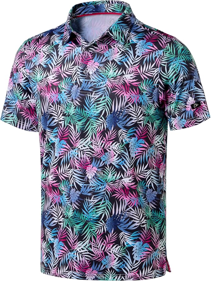 Obla Mens Golf Polo Shirts Short Sleeve Dry Fit Performance Moisture Wicking Casual Print Collared Golf Shirts for Men