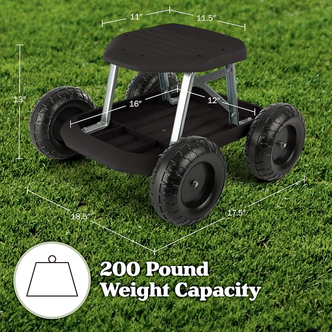 Pure Garden Rolling Garden Seat with Wheels, Black