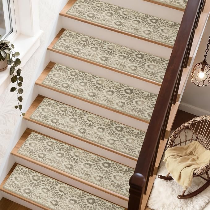 COSY HOMEER Stair Treads for Wooden Steps Indoor with TPE Backing,15Pcs | Non-Slip Carpet Stair Treads, Soft Peel and Stick Stair Runners,Pet-Friendly Stair Runner Washable Reusable,Vine