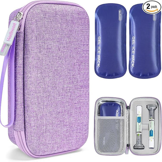 Portable Insulated Cooler Travel Case Fits 2 Zepbound Injector Pens, Tirzepatide Travel Case TSA Approved with 2PCS Reusable Ice Packs, EVA Medicine Organizer for Daily Use (Purple, Big)