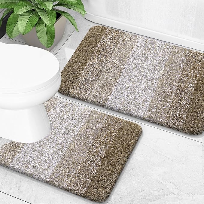 OLANLY Bathroom Rug Set 2 Piece, Soft Absorbent Microfiber Bath Mats and U-Shaped Contour Toilet Rug, Non-Slip, Machine Wash Dry, Plush Shaggy Bath Mats for Bathroom (24"x16"+U24 x20, Coffe)