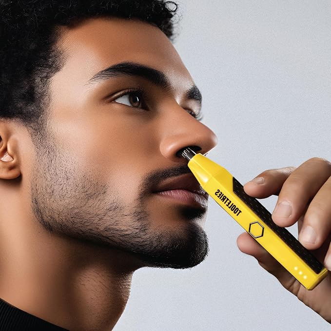 TOOLETRIES The Ranger Nose & Ear Hair Trimmer for Men - Yellow | Rechargeable waterproof trimmer with stainless steel dual-edge blades, LED spotlight and travel lock.