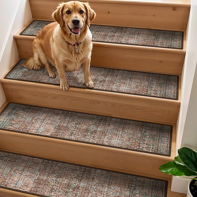 sarben 8"x30" Non Slip Stair Treads for Wooden Steps 15Pk,Light Clay Brown | Peel and Stick Carpet Stair Runner with TPE Adhesive Backing, Carpet for Added Safety, Pet and Senior Friendly