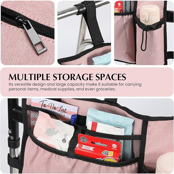 Walker Bags for Folding Walker Accessories Seniors Pouch Cup Holder Carry Organizer Storage Drive with Pockets Velcor Detachable -Pink
