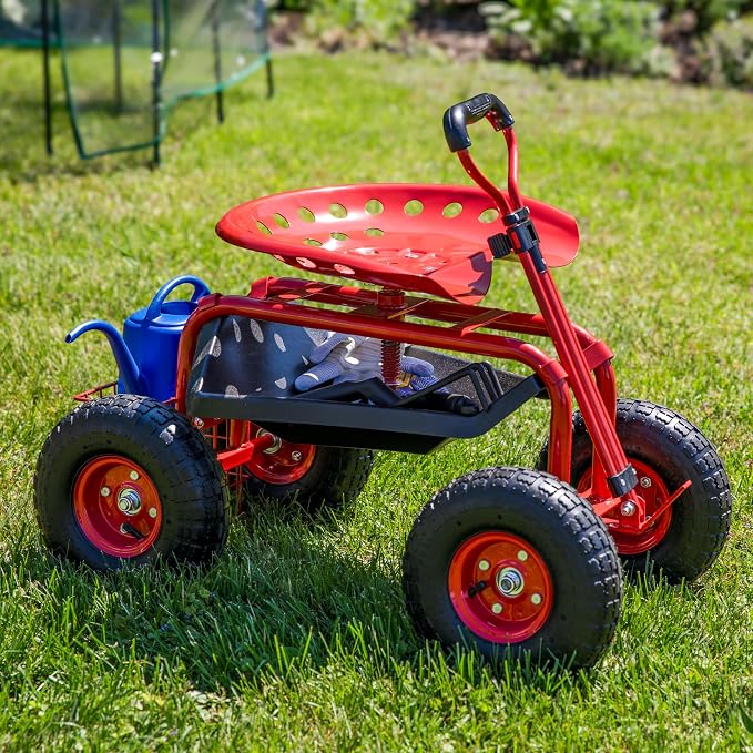 Sunnydaze Garden Seat with Wheels and Adjustable Handle, Red | Steel Rolling Gardening Seat with Utility Tray for Storage, Rotating, Swiveling Motion