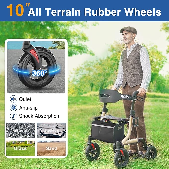 Walkers for Seniors with Seat, Foldable Rollator Walker, Reinforced Aluminum Frame, 10" Big Rubber Wheels for All Terrain, Built-in Cable, Lightweight Rolling Walker, Golden