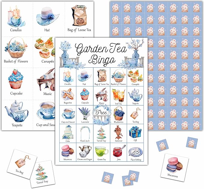 Garden Tea Bingo Game - Tea Party Bingo Card - 24 Players Bingo Game Set Indoor Outdoor Activities - Tea Party, Bridal Shower, Birthday Party Favors Supplies -A05