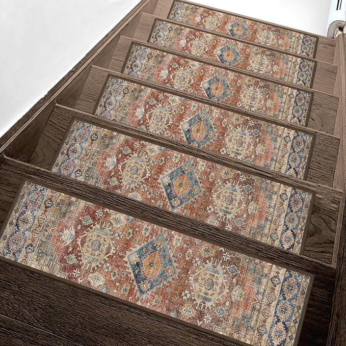 sarben 8"x30" Non Slip Stair Treads for Wooden Steps 15 Pack, Antique Red | Peel and Stick Carpet Stair Runner with TPE Adhesive Backing, Carpet for Added Safety, Pet and Senior Friendly