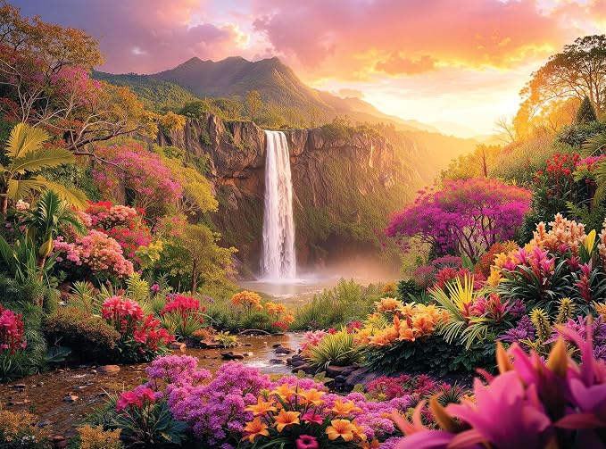 Adult Jigsaw Puzzle Hawaiian Waterfall 1000 Piece | Features a colorful tropical flowers and waterfall sunset scene. Great for game nights on a table, puzzleboard, or floor.