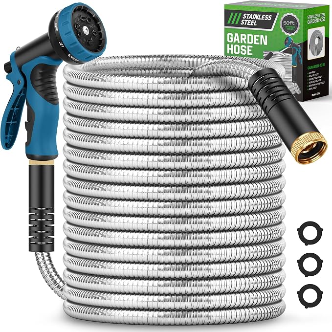 Metal Garden Hose 50FT with 10-Function Nozzle, No-Kink Water Hose | Metal Hoses with Leak-proof Connectors, Lightweight, Puncture-proof, Pet-proof, Sturdy, 550PSI, Hose for Outdoor, Yard
