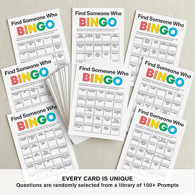 Find Someone Who Bingo Cards, 25 Unique Randomized 5x7 Sheets, Get to Know You Bingo Game for Adults, Ice Breaker Office Party Games, Team Building Games for Work, High Replay Value - A03