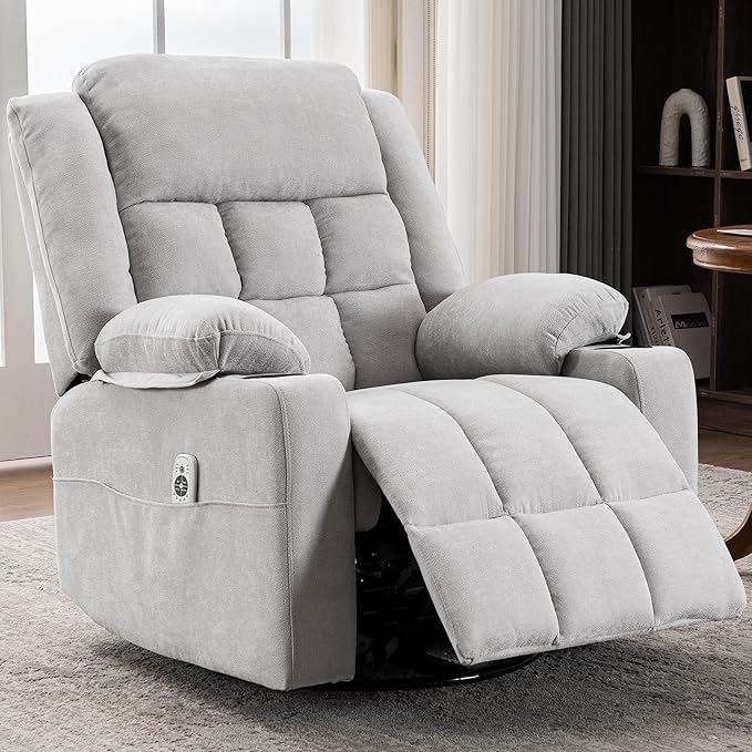 Ketaiyou Power Swivel Rocker Recliner Chair for Adults with Massage and Heat, USB and Type-C Ports, Infinite Position, Electric Glider Reclining Single Sofa Chair for Living Room (Light Grey)