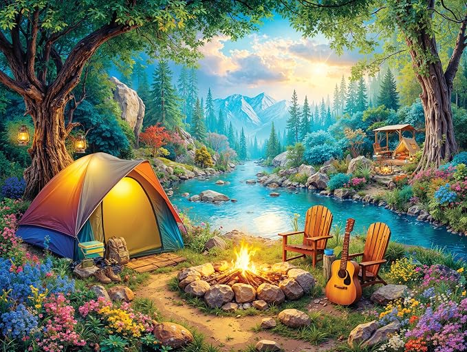 Adult Jigsaw Puzzle 1000 Piece Camping Scene | Features a scenic tent camping by the river design. 20x27 inches — Great for game nights on a table, puzzleboard, or floor.