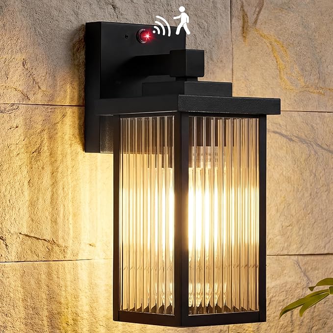 Motion Sensor Porch Light, Dusk to Dawn Outdoor Wall Light, Black | 2 Modes, 220° Motion Detection, Auto On and Off, Anti-Rust Metal Frame, Pre-Assembled DIY Install on Porch, Garage