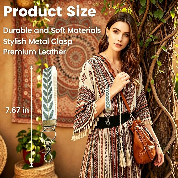 Boho Vintage Embroidered Floral plant Wristlet Keychain for Women | Cute Lanyard&Antique Brass Clasp, Lightweight Hands-Free Key Holder for keys,purses,handbags and daily outdoor use for ladies