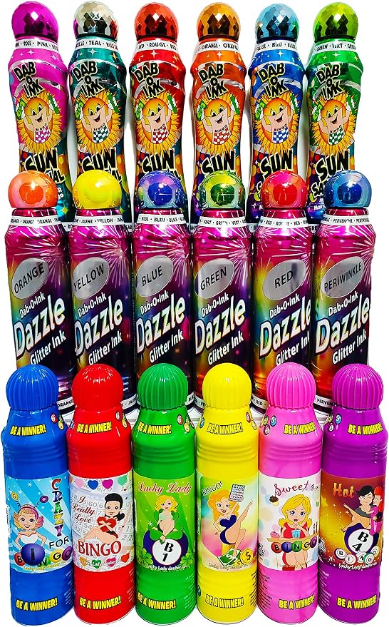 Lucky Lady Bingo Daubers Made with Dab-O-Ink, Sunsational and Dab-O-Ink Dazzle Glitter Combo Gift Set – 3 oz. 18 Pack, Versatile Ink Daubers - Bingo Markers for Adults and Seniors