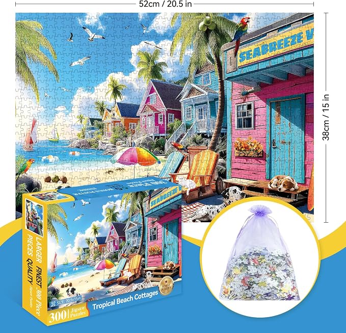 300 Piece Puzzles for Adults, 300 Piece Puzzles for Adults Large Piece, Summer Beach Dogs Trees Jigsaw Puzzle, Funny Gift for Adult Kids Senior Challenging Family Games Toy, 20.5 X 15 in