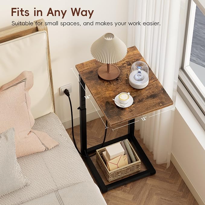 C Shaped End Table with Charging Station, 33"Tall Side Table for Couch, C-Table End Table Adjustable Height Side Table,Slide Under Couch Table TV Tray Table for Sofa,Living Room,Bedroom,Brown