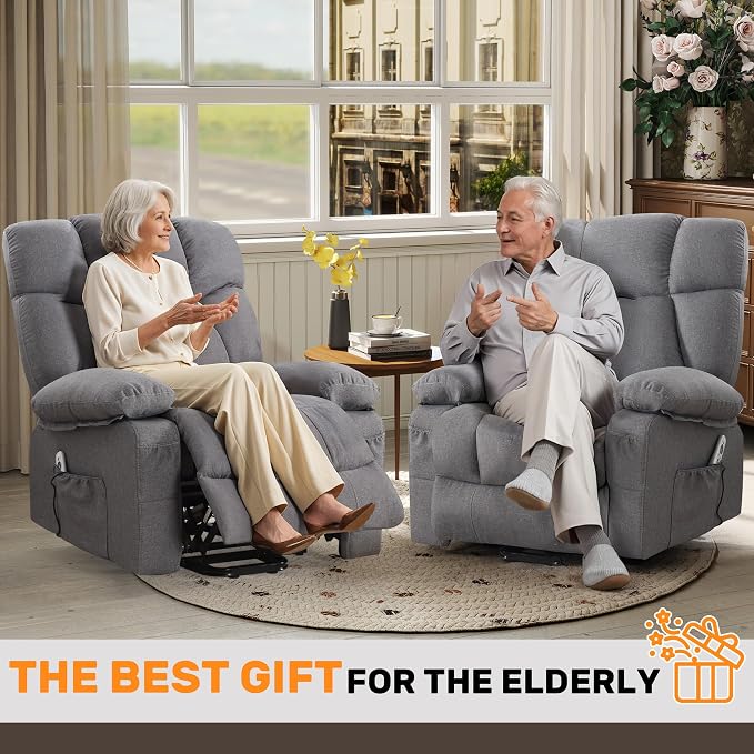 Oversized Power Lift Recliner Chair for Elderly, Big and Tall Lift Chair with Massage and Heat for Living Room, Fabric Electric Recliner Chairs with Side Pocket, USB Charge Port Grey