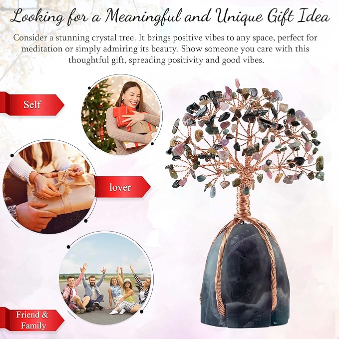 Multi Tourmaline Crystal Tree with Fluorite Rough Base Tree of Life Decor for Shelf, Bedroom, Birthday Gifts for Women, Sister Gifts, Birthday Gifts for Mom, Cute Home Decor Purple Decor Present