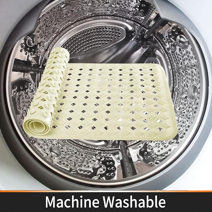 Yimobra Non Slip Bath Mat, Super Strong Suction Cups,34.5"x15.5"Long Tub Mat with Drain Holes, Machine Washable Fast Draining Shower Mats, Bathroom Essentials,Beige