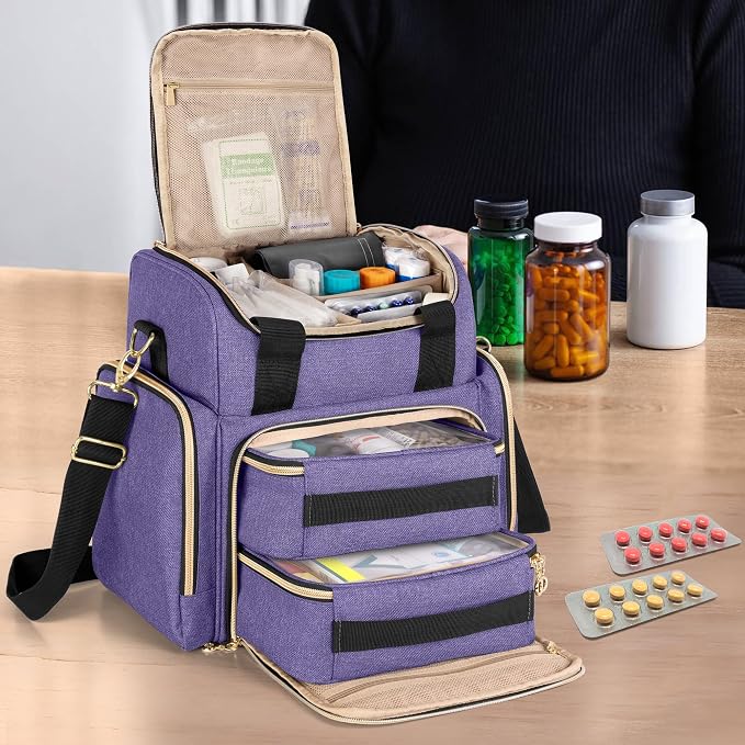 LUXJA Large Medicine Bag with 2 Removable Cases, Purple | Medicine Storage Bag with Multiple Pockets, Pill Bottle Organizer with Shoulder Strap, Trolley Sleeve for Travel or Home