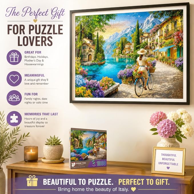 Adult Jigsaw Puzzle 1000 Piece Italian Daydream | Features a woman on a bicycle along the Mediterranean coast in Italy. Finished size is 20x27 inches. Great for game nights.
