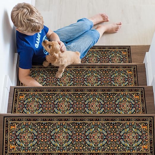 Vintage Floral Stair Treads 15 Pack Washable Flower Stair Runner | 15PCS Flower Peacocks Stair Runners Non Slip Washable, 8x30 Inch Vintage Floral Rug Carpet, Stairs Silicone Backing