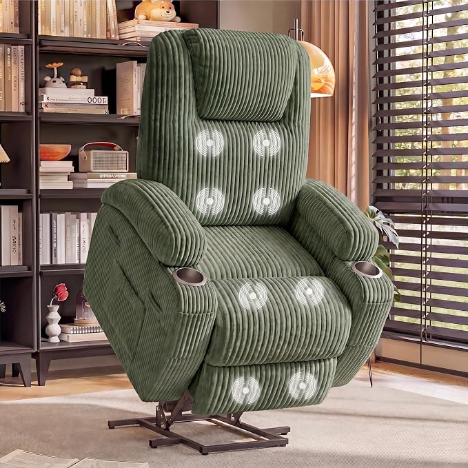 Flamaker Power Lift Recliner Chair Electric Lift Recliner for Elderly | Power Lift Recliner Chair with Cup Holders Side Pockets for Living Room (Corduroy, Green)