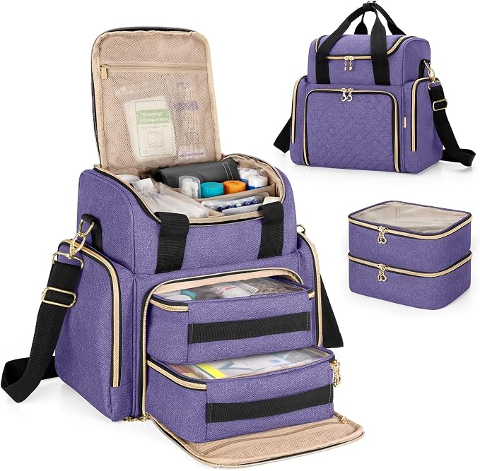LUXJA Large Medicine Bag with 2 Removable Cases, Purple | Medicine Storage Bag with Multiple Pockets, Pill Bottle Organizer with Shoulder Strap, Trolley Sleeve for Travel or Home
