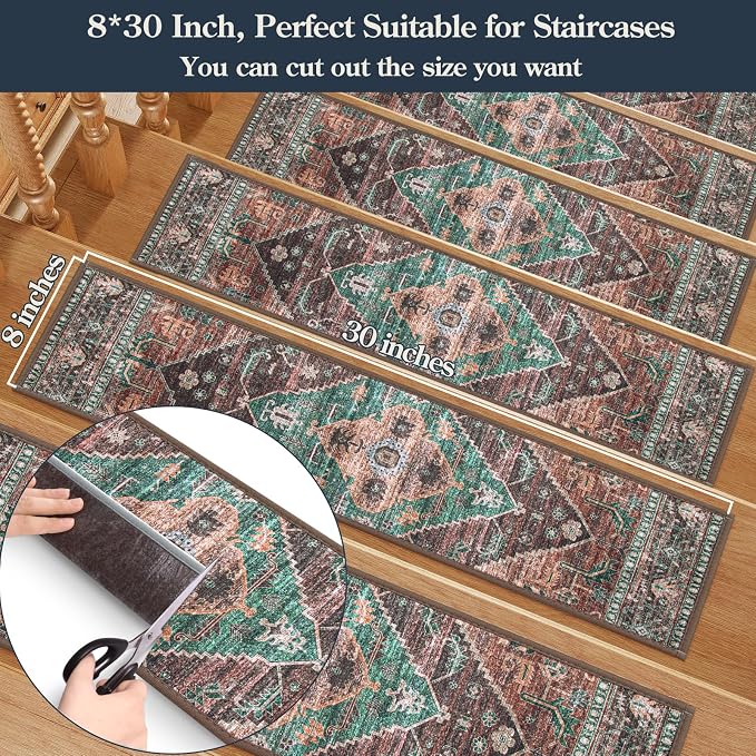 Lahome Non Slip Stair Treads Indoor 15 Pack 8" X 30" Carpet Treads for Wood Stairs, Washable Self Adhesive Stair Runners Soft Surface, Noise Reducing for Kids, Elders and Dogs Dorie, Dull Teal