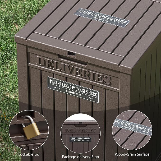 Package Delivery Box for Outside with Sticker, 48 Gallon Storage with Lockable Secure, Large Double Wall Resin Outdoor Package Delivery Waterproof Deck