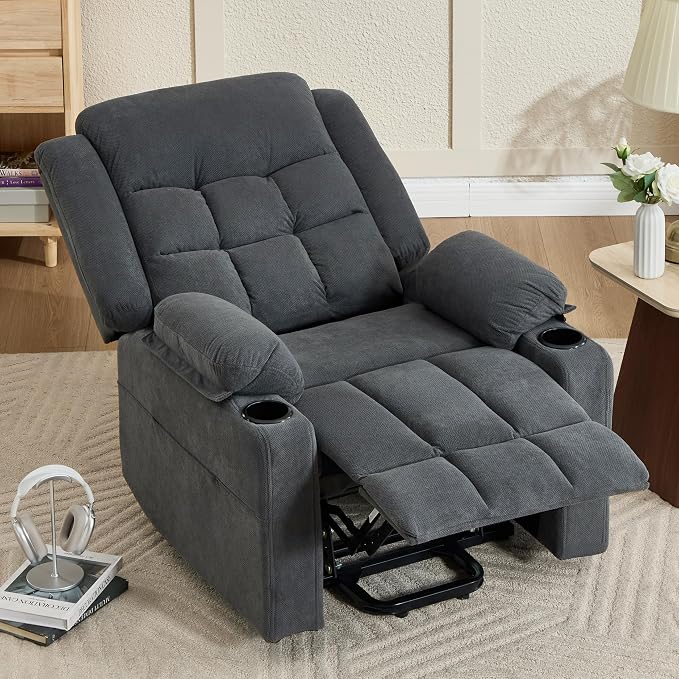 Power Lift Chair Recliners for Elderly with Heat and Massage, Recliner Chairs for Adults, Upgraded Fabric Recliner with USB & Type-C Charge Port, Cup Holders (Grey-O)