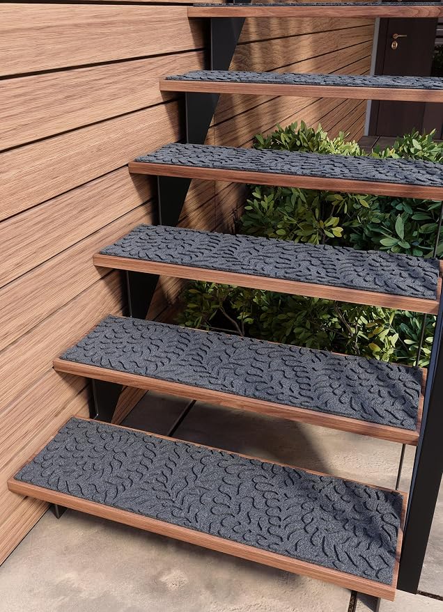 FINEHOUS Outdoor Stair Treads Non-Slip 35”x10” (6-Pack) – Carpet Treads with Rubber Backing Floral Grey