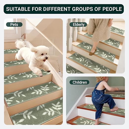 Carpet Stair Treads, Non-Slip Stair Treads for Wooden Steps Indoor | Stair Runner for Pets, Non Skid Staircase Step Treads Washable Reusable, Stair Protectors 30" x8" Set of 7, Green