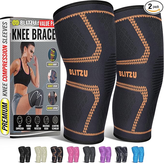 Knee Brace for Meniscus Tear 2 Pack, Knee Compression Sleeve for Men and Women, Knee Support for Arthritis, Swelling, Inflammation, ACL, Pain Relief, Running, Workout, Sports and Recovery Orange M