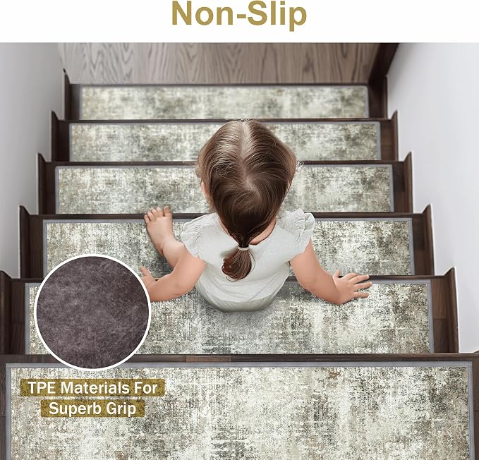 sarben 8"x30" Non Slip Stair Treads for Wooden Steps 15 Pack, Ashstone Grey | Peel and Stick Carpet Stair Runner with TPE Adhesive Backing, Carpet for Added Safety, Pet and Senior Friendly