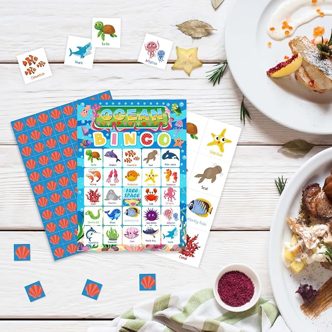 Ocean Bingo Game Cards, Ocean Animals Bingo Games for Adults, Under The Sea Bingo Cards Supplies, Underwater Birthday Party Decor Favors, Card Gifts for Friends Family Holiday, (Ocean)