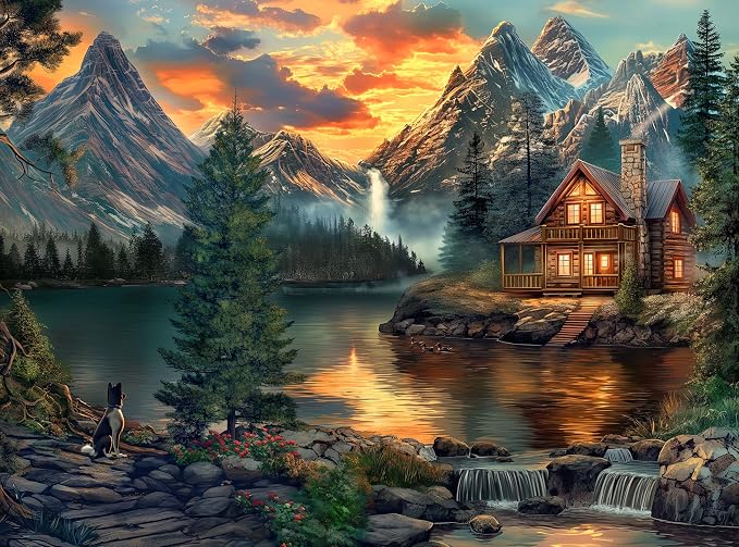 Adult Jigsaw Puzzle 1000 Piece Mountain Cabin | Features a serene lake cabin scene, finishing at 20x27 inches. Great for game nights on a table, puzzleboard, or floor.